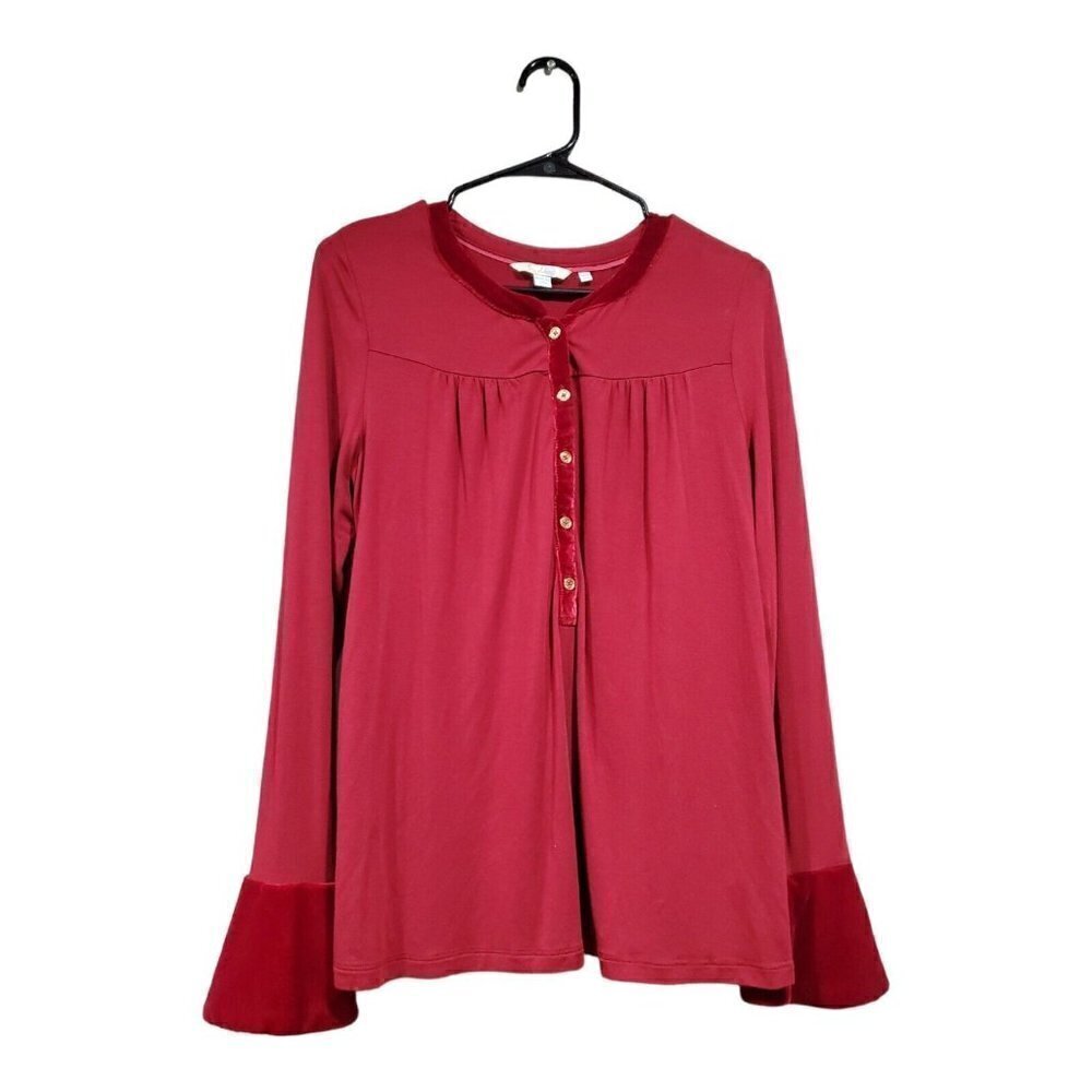 Boden Nadine Jersey Velvet Mix Women's Blouse Top Red Bell Sleeve Buttons Size 8